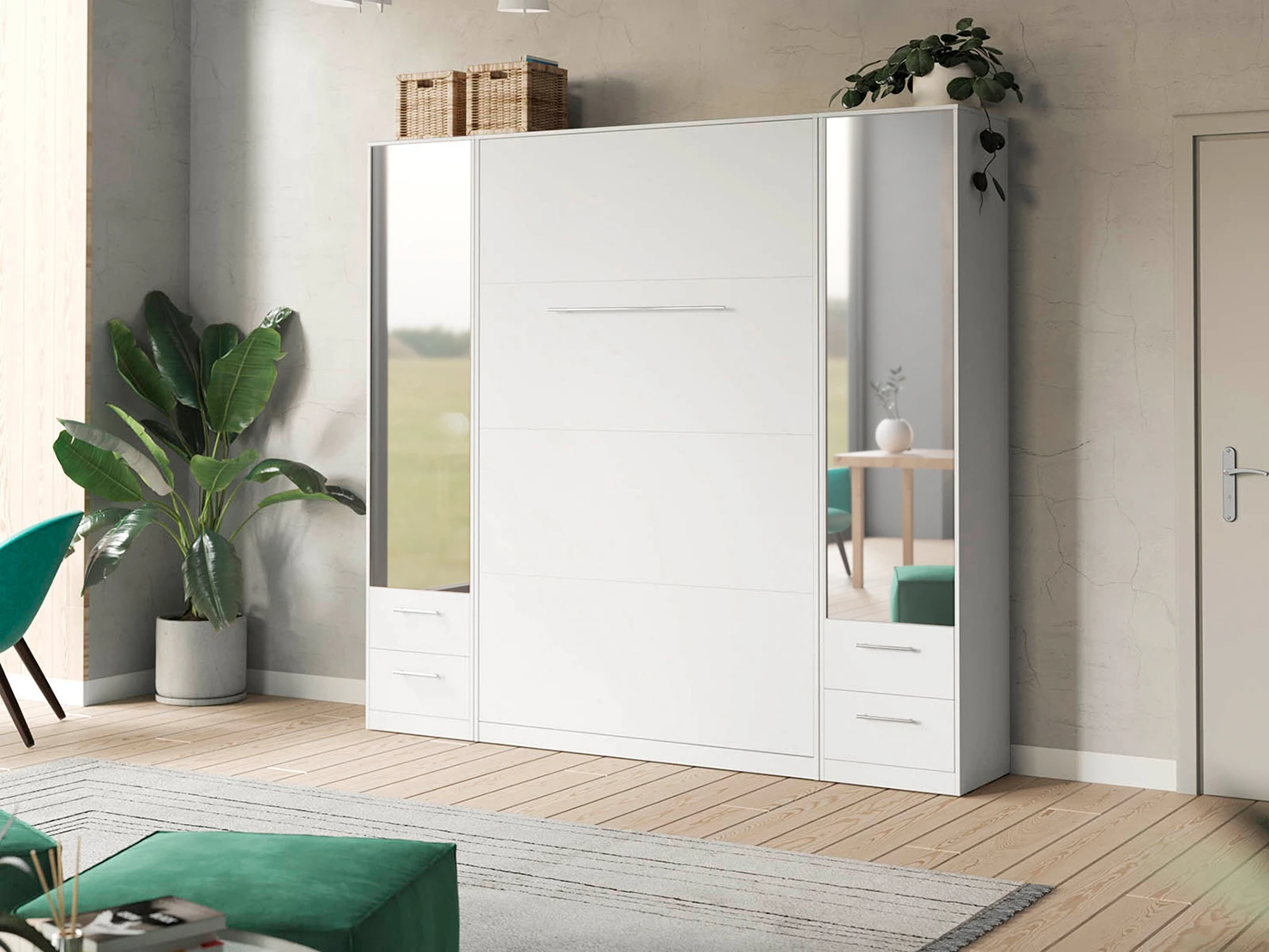 1 Murphy Bed SET 140x200cm Vertical + 2x Cabinets 50cm White/White with Mirror
