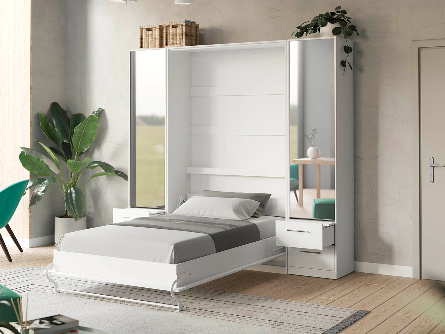 2 Murphy Bed SET 140x200cm Vertical + 2x Cabinets 50cm White/White with Mirror