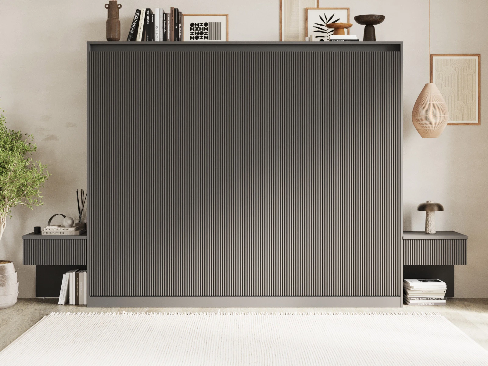 1 Murphy Bed Classic 160x200H WAVES with 2 Bedside tables Anthracite / Anthracite Waves