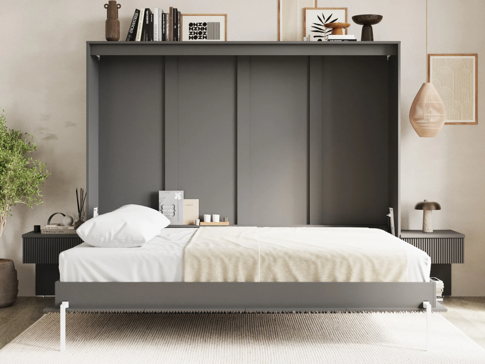 2 Murphy Bed Classic 160x200H WAVES with 2 Bedside tables Anthracite / Anthracite Waves