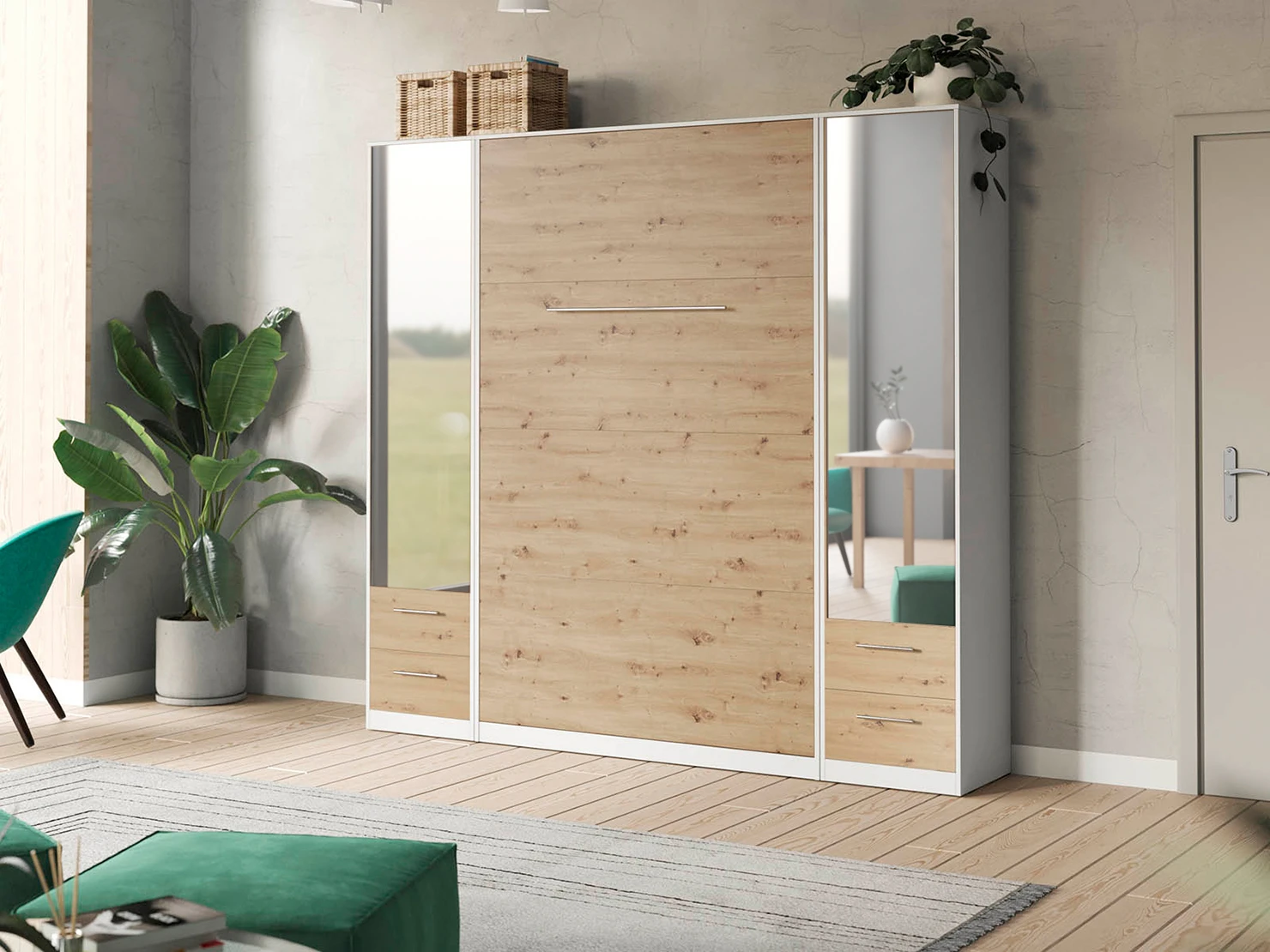 Murphy Bed SET 140x200cm Vertical + 2x Cabinets 50cm White/Wild Oak with Mirror picture 1