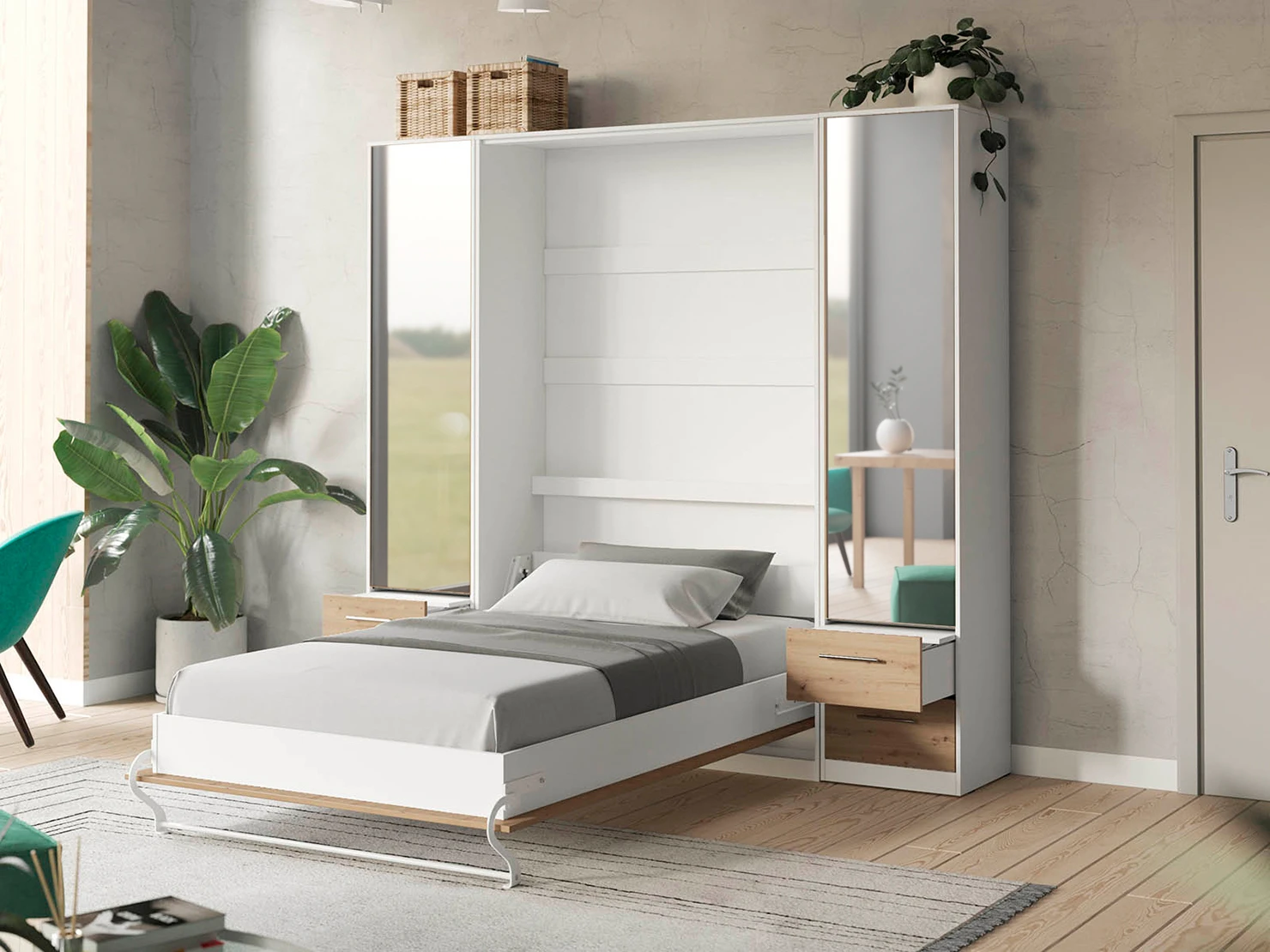 2 Murphy Bed SET 140x200cm Vertical + 2x Cabinets 50cm White/Wild Oak with Mirror