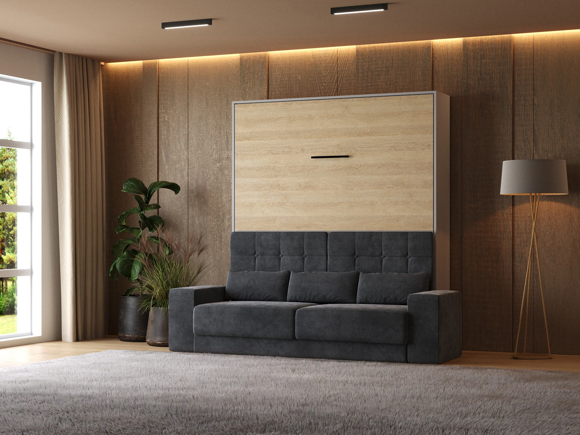 1 Murphy Bed (M1) 180x200 Vertical Pearl Grau / Kaiser Oak with Sofa Anthracite