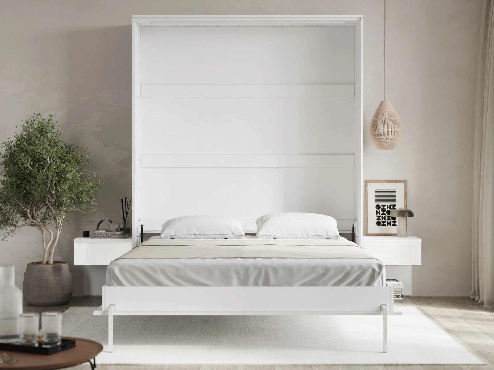 2 Murphy Bed Classic 160x200V with 2 Bedside tables White / White Gloss