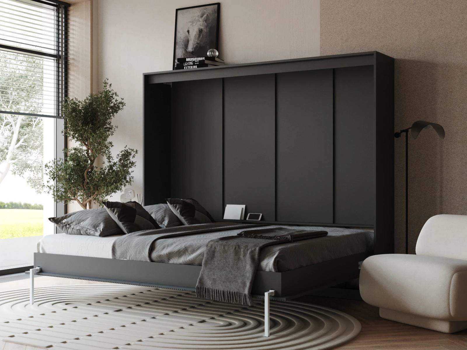 2 Murphy Bed 160x200 Horizontal (Classic waves 40 cm depth) Anthracite / Anthracite Waves