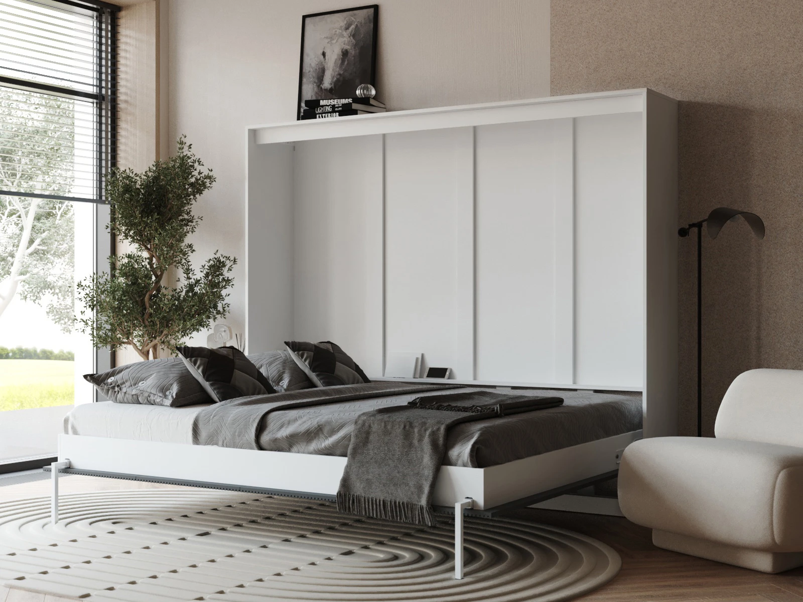 2 Murphy Bed 160x200 Horizontal (Classic waves 40 cm depth) White / Anthracite Waves
