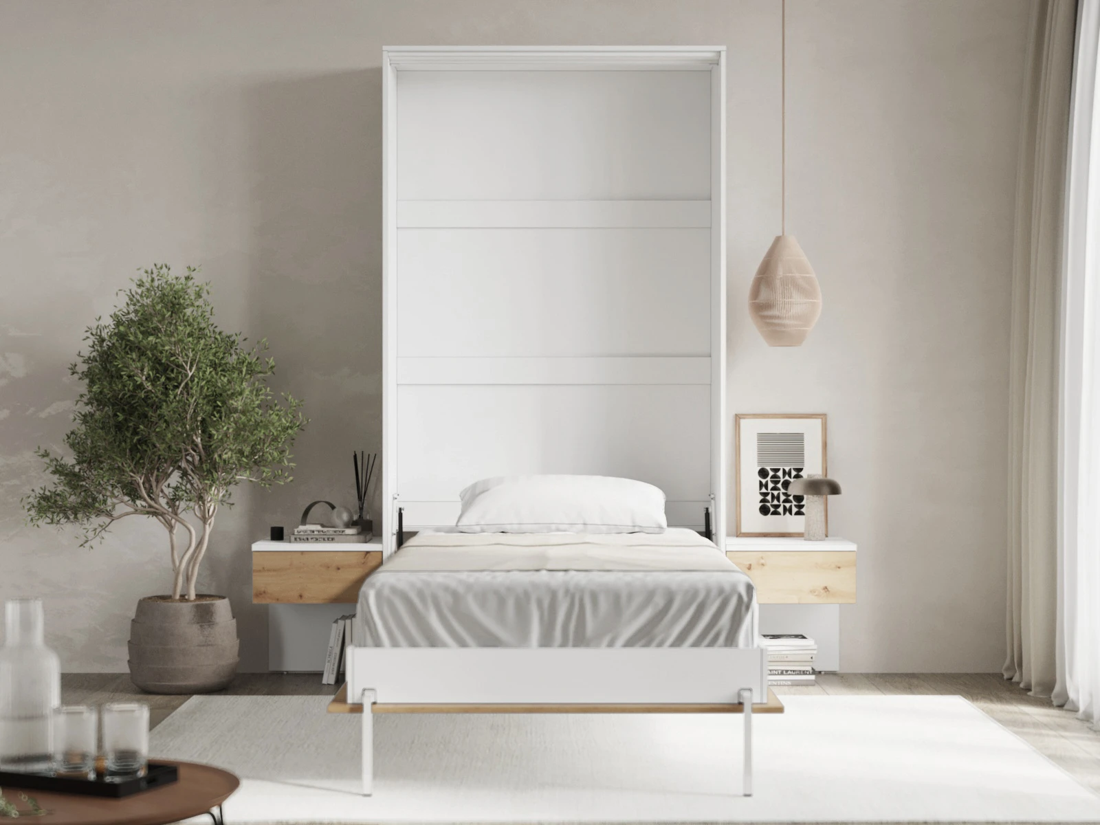 2 Murphy Bed Classic 100x200V with 2 Bedside tables White / Wild Oak