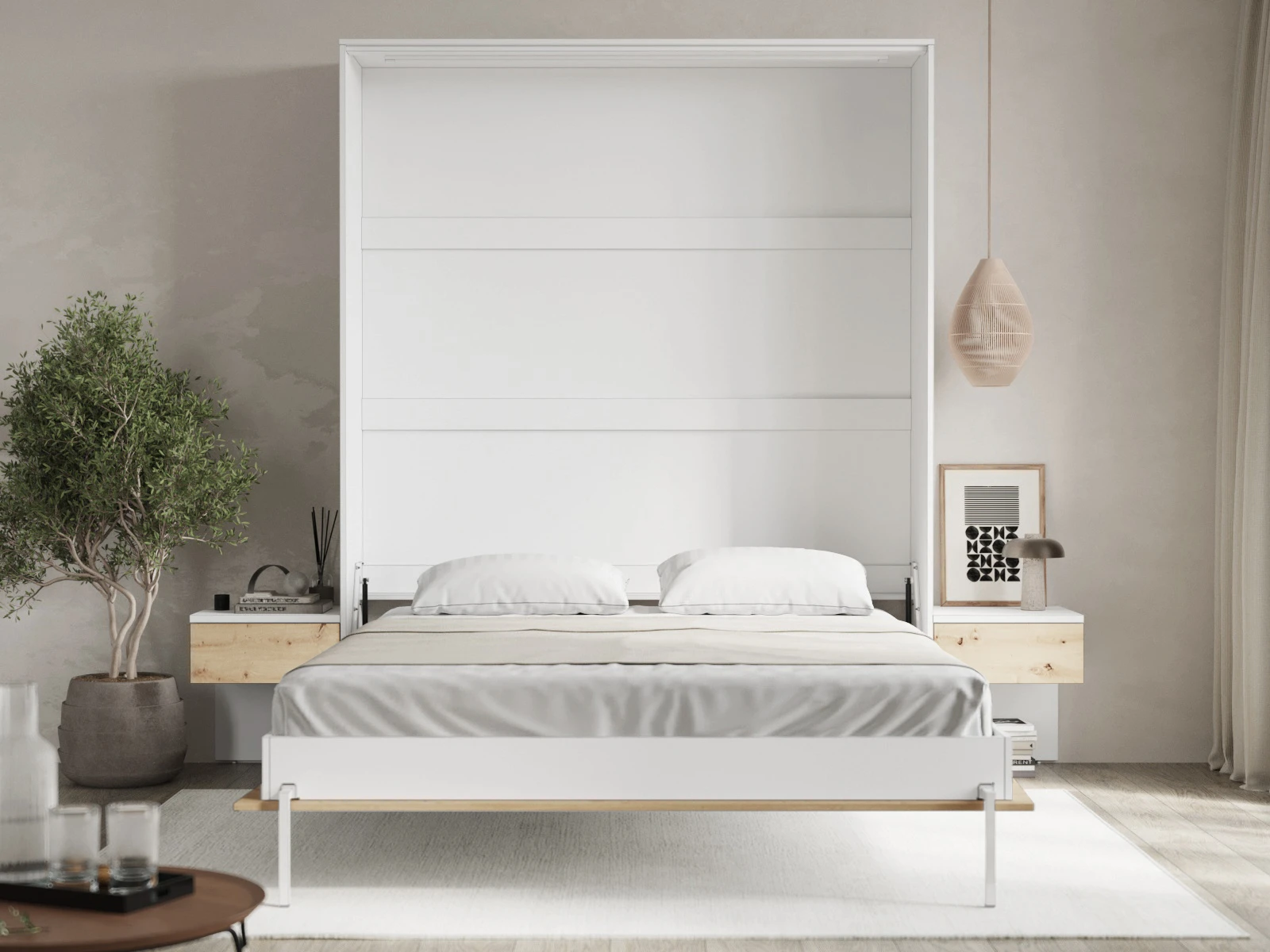 Murphy Bed Classic 160x200V with 2 Bedside tables White / Wild Oak picture 2