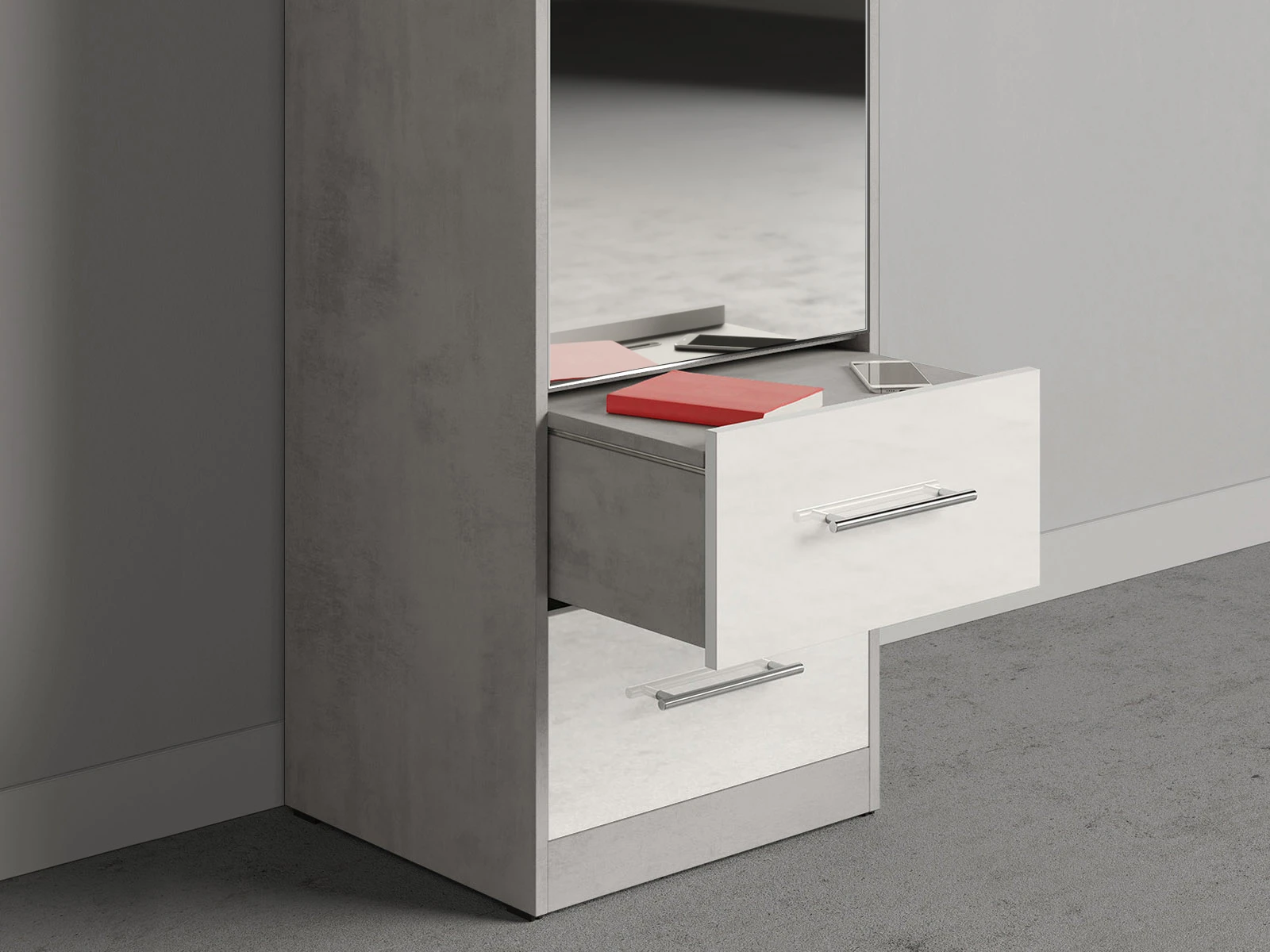Cabinet 50 cm (Standard 45 cm depth) Concrete / Mirror / White Gloss picture 3