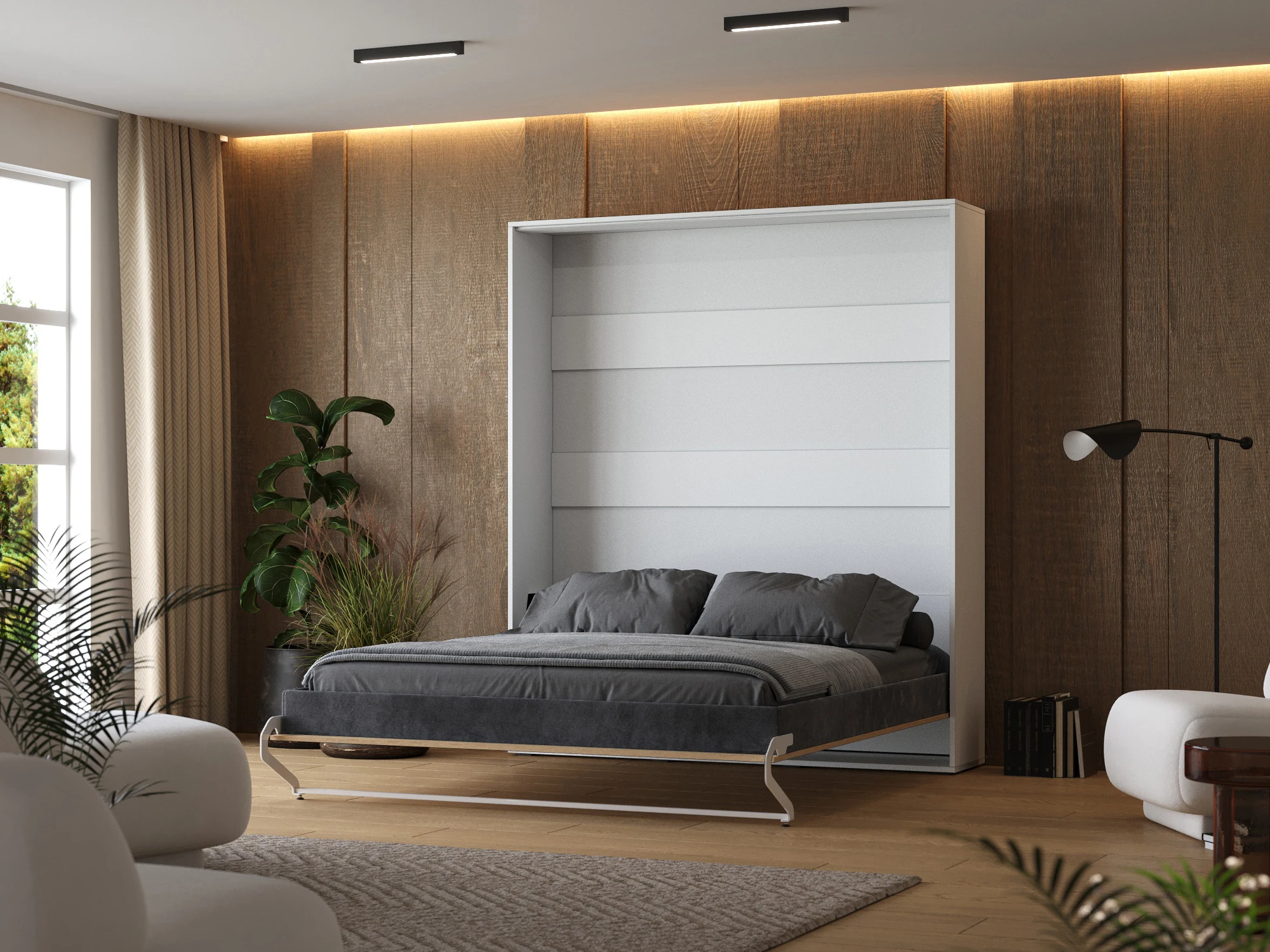 2 Murphy Bed 180x200 Vertical (M1) White / Kaiser Oak with Upholstered frame