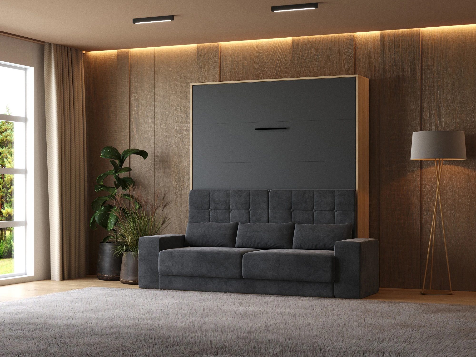 1 Murphy Bed (M1) 180x200 Vertical Kaiser Oak / Anthracite with Sofa Anthracite