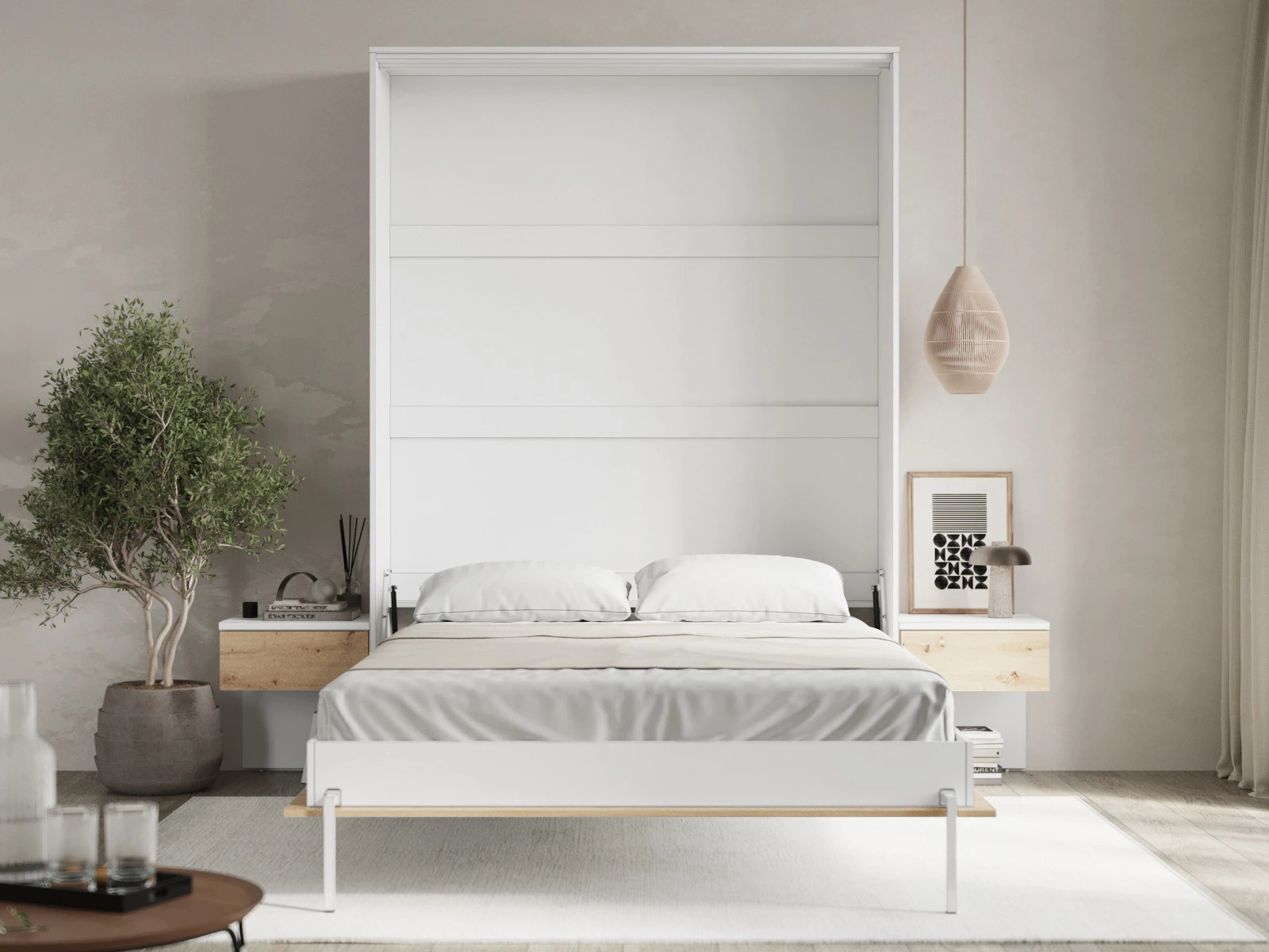 2 Murphy Bed Classic 140x200V with 2 Bedside tables White / Wild Oak