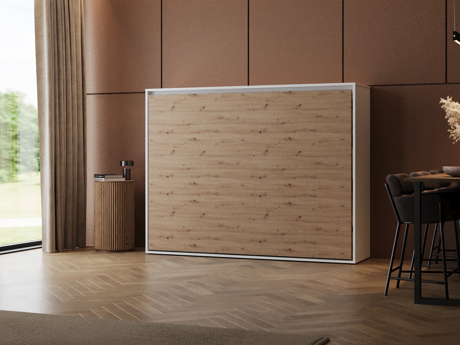 1 Murphy Bed 140x200 Horizontal (M2 55cm depth) White/Wild Oak