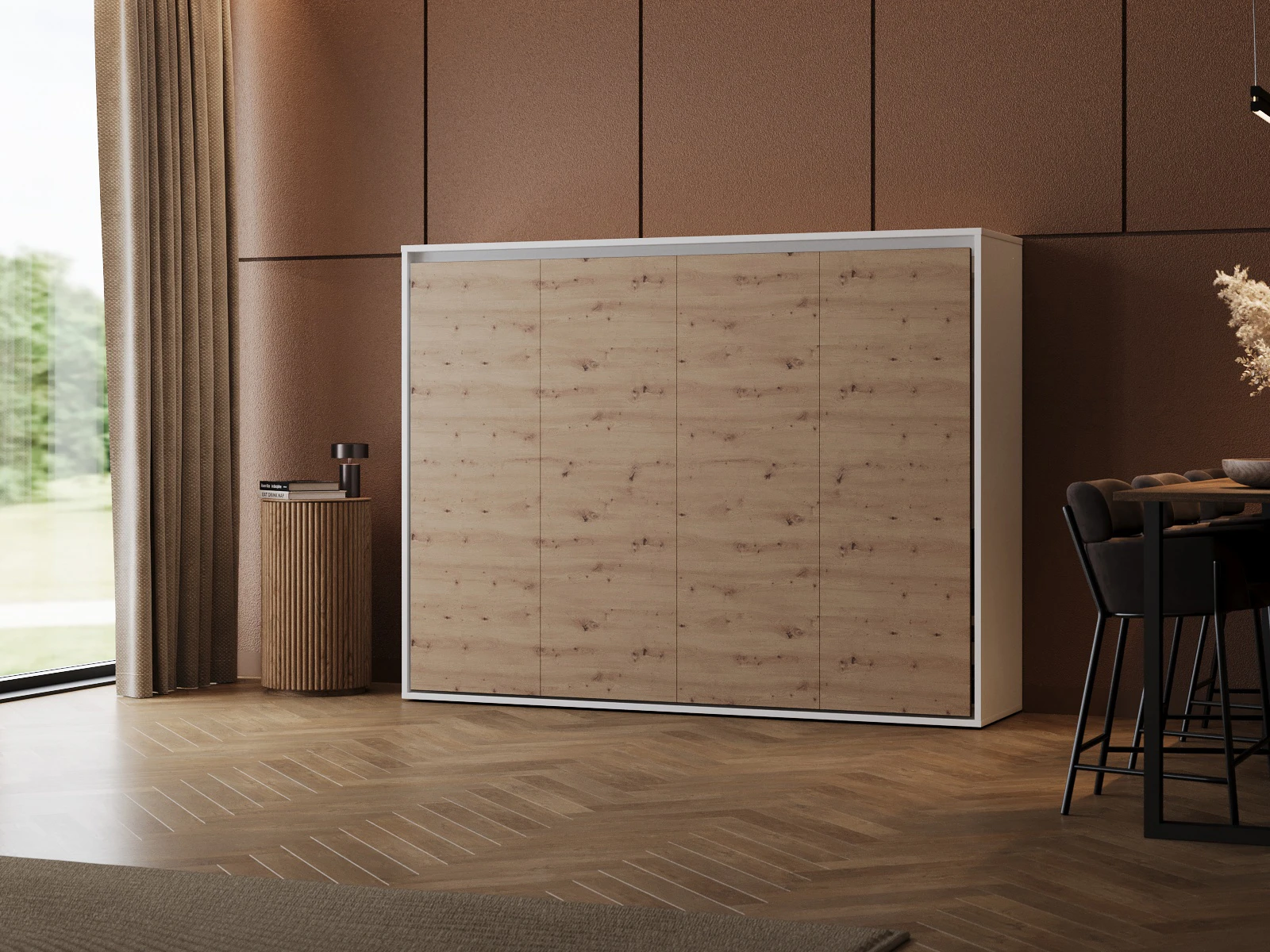 1 Murphy Bed 140x200 Horizontal (M2 55cm depth) White/Wild Oak