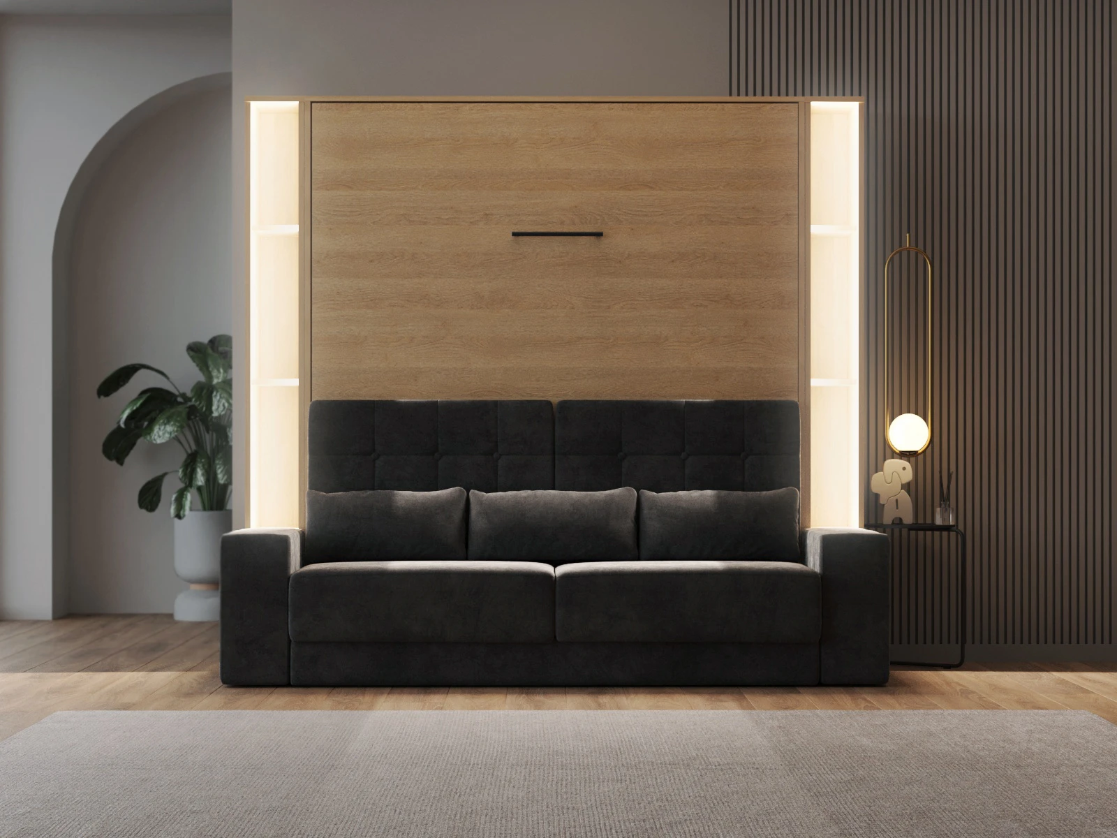 2 SMARTBett  Murphy Bed set M1 180x200 oak Kaiserberg + 2 standing shelves with SOFA and LED