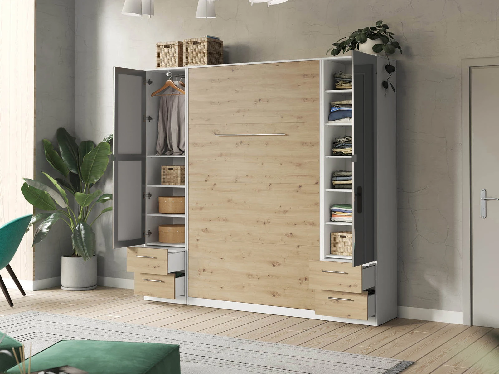 Murphy Bed SET 140x200cm Vertical + 2x Cabinets 50cm White/Wild Oak with Mirror picture 4