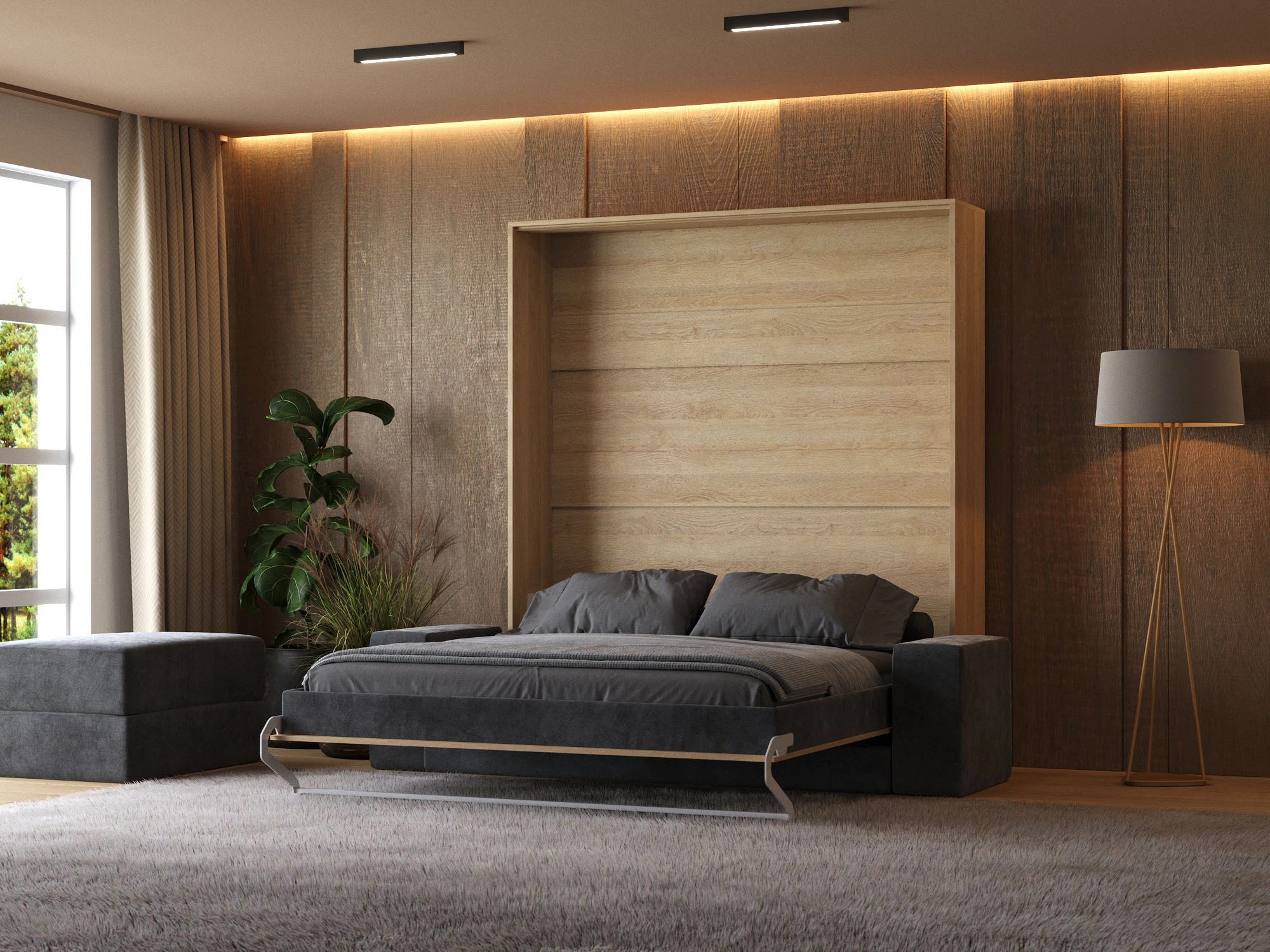 2 Murphy Bed (M1) 180x200 Vertical Kaiser Oak with Sofa Anthracite