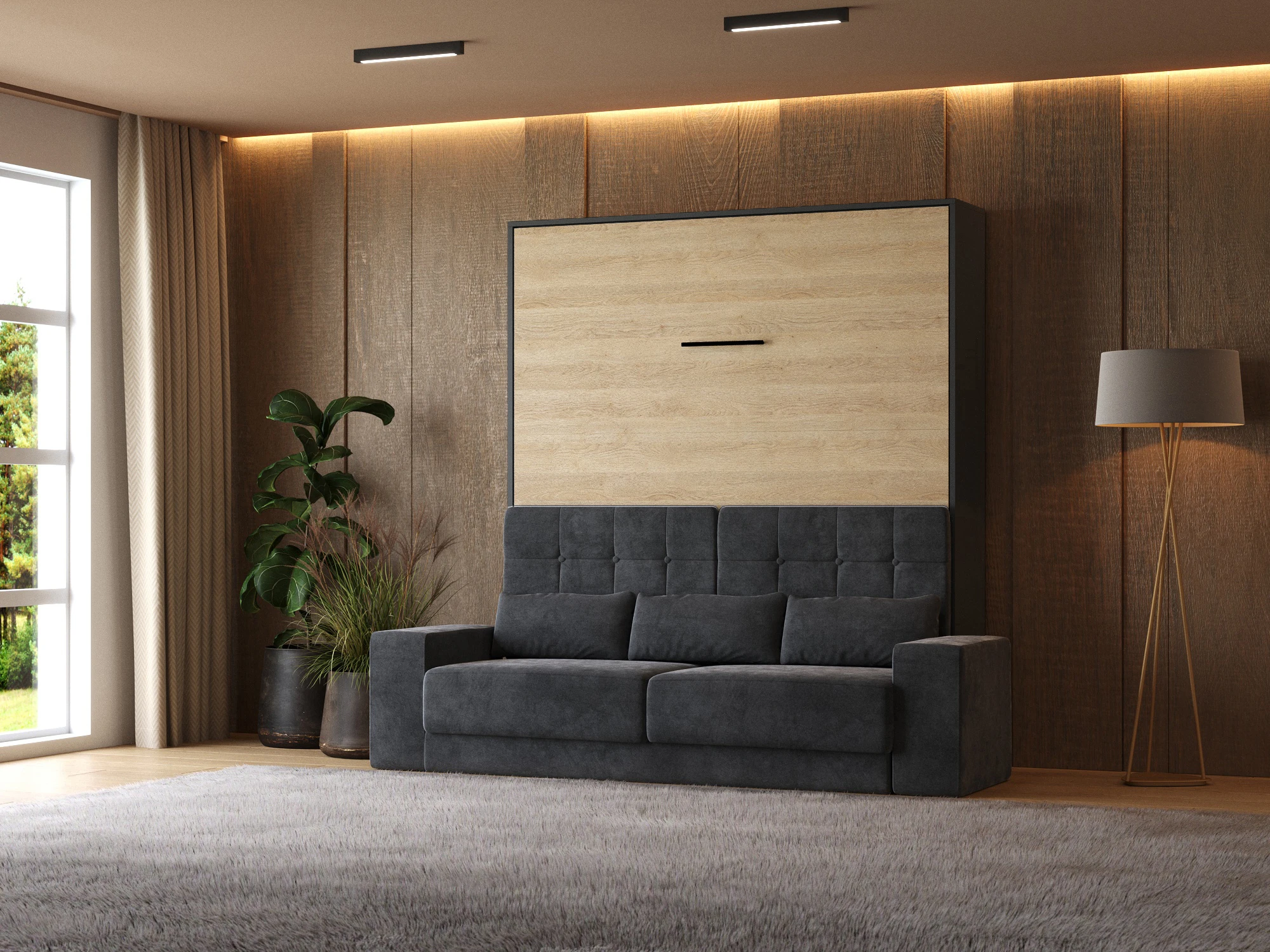 1 Murphy Bed (M1) 180x200 Vertical Anthracite / Kaiser Oak with Sofa  Anthracite