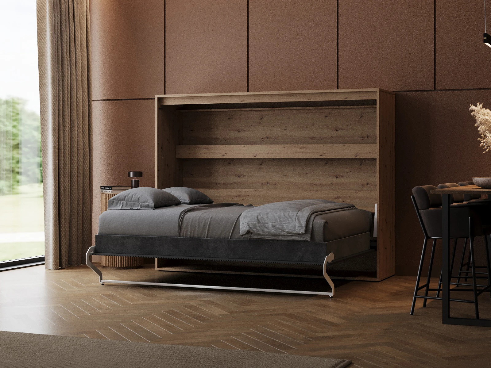 2 Murphy Bed 140x200 Horizontal (M2 55cm depth) Wild Oak/Anthracite Waves