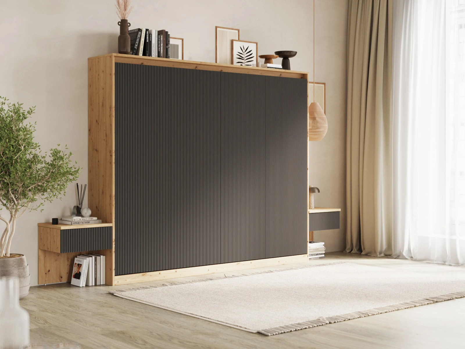 1 Murphy Bed Classic 140x200H WAVES with 2 Bedside tables Wild Oak / Anthracite Waves