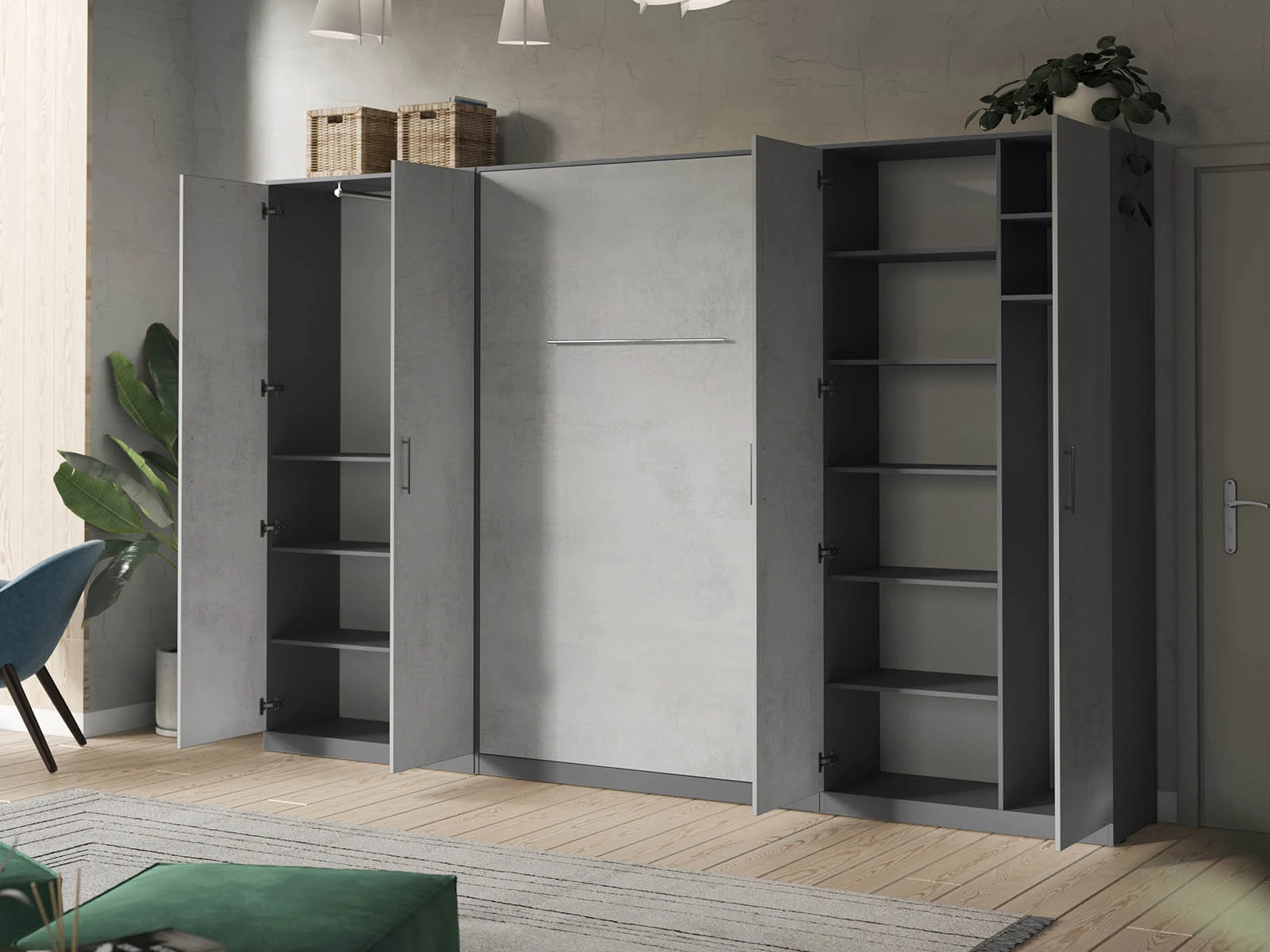 Murphy Bed SET 140x200cm Vertical + 2x Cabinets 100cm Anthracite/Concrete picture 3