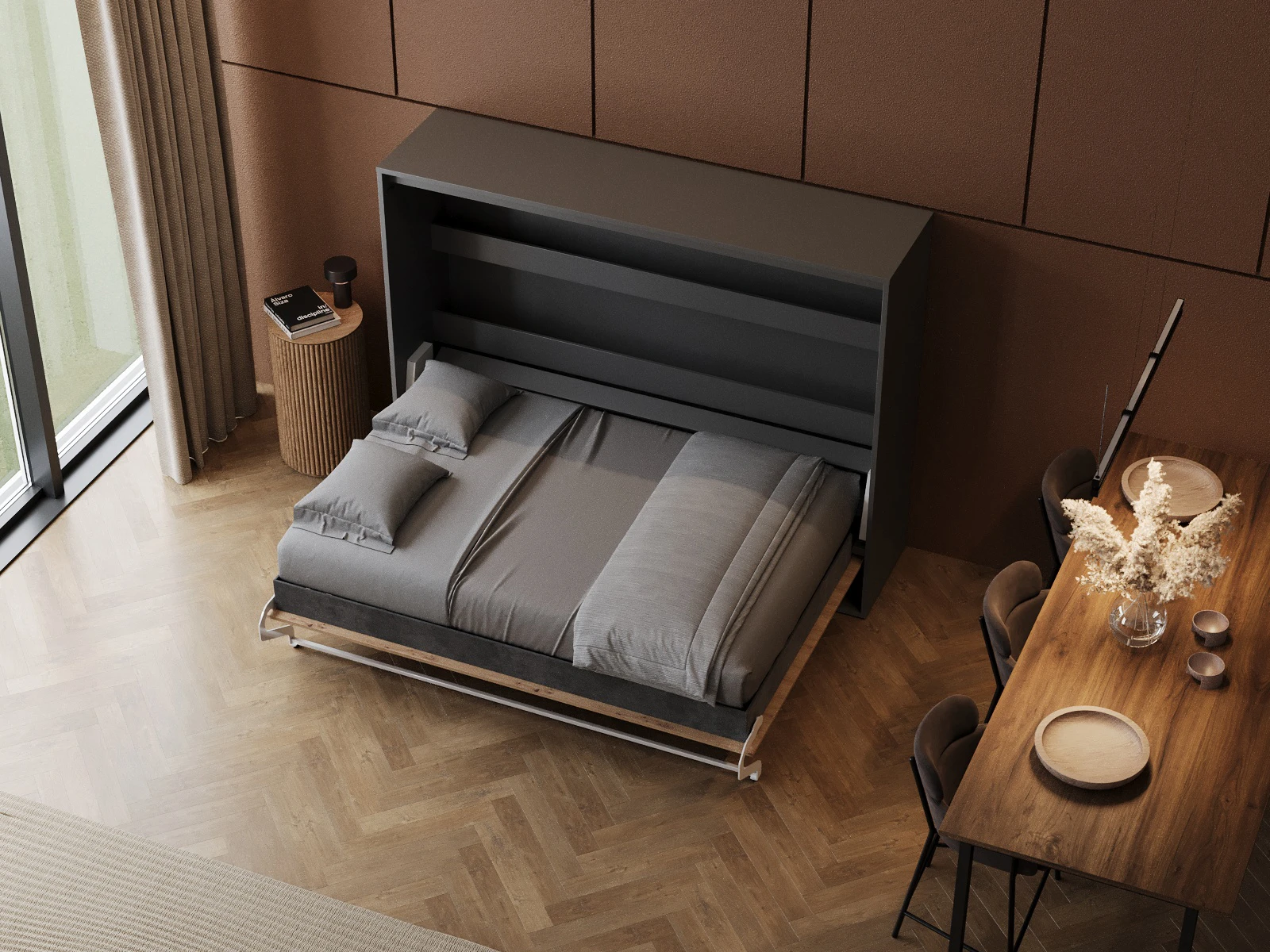 Murphy Bed 160x200 Horizontal (M2 55cm depth) Anthracite / Wild Oak picture 7