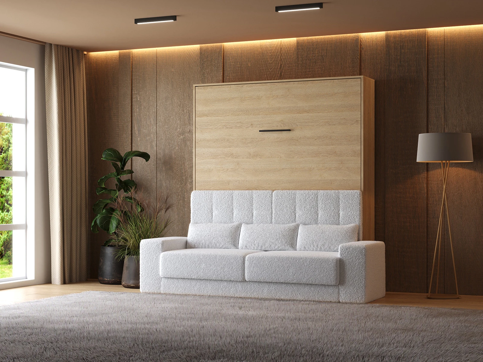 1 Murphy Bed (M1) 180x200 Vertical Kaiser Oak with Sofa White