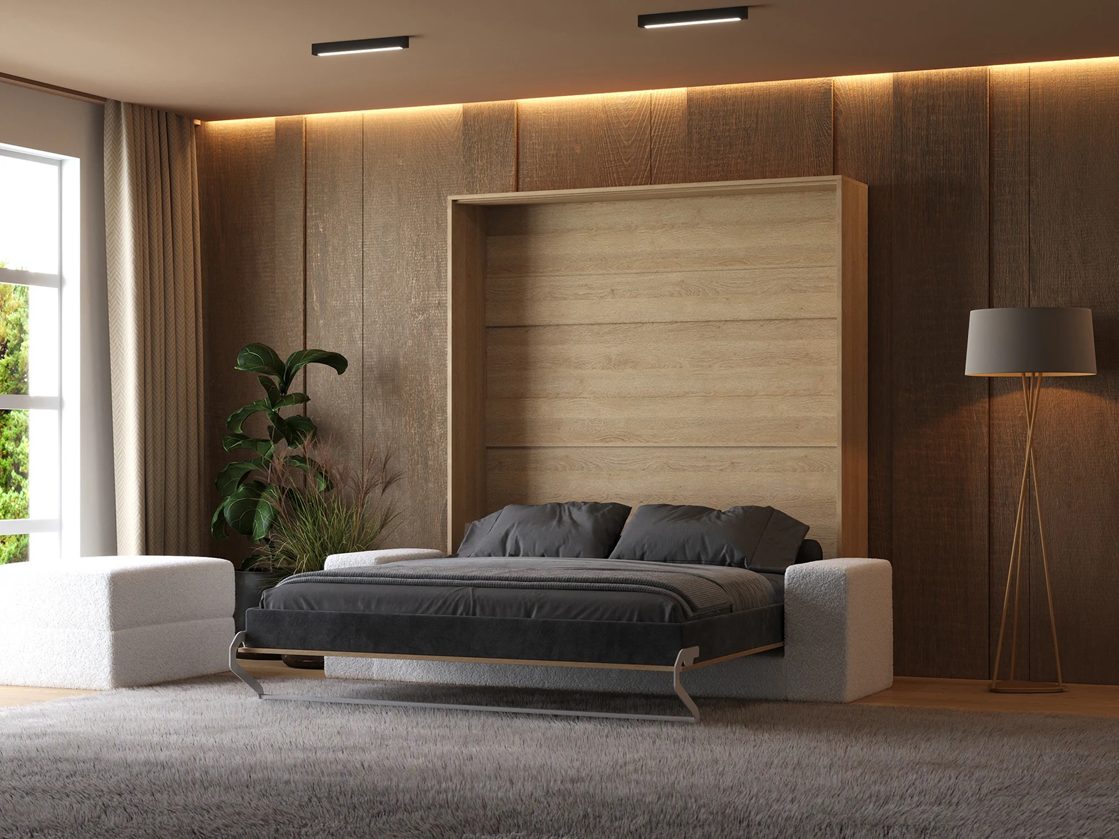 2 Murphy Bed (M1) 180x200 Vertical Kaiser Oak with Sofa White