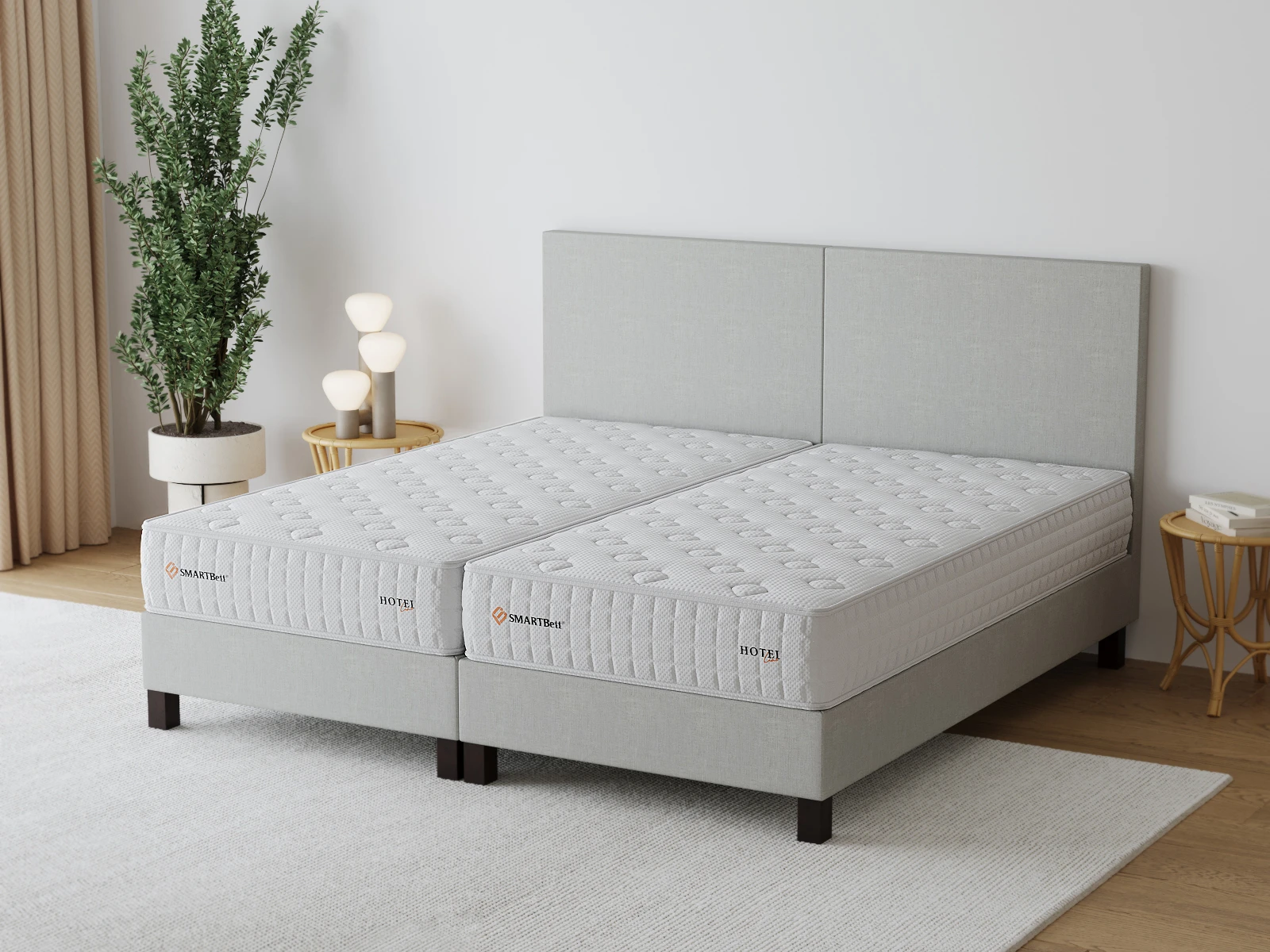 1 Upholstered bed double bed 2x 100x200cm light beige incl. mattress 2x100x200cm