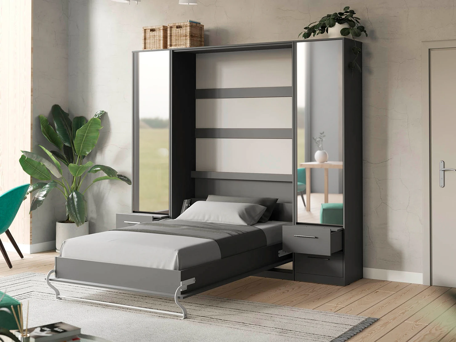 2 Murphy Bed SET 140x200cm Vertical + 2x Cabinets 50cm Anthracite/Anthracite with Mirror