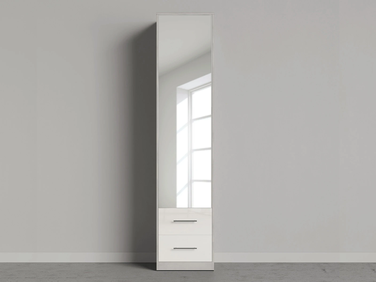 1 Cabinet 50cm with 1 door and 2 drawers Concrete/Mirror/White gloss