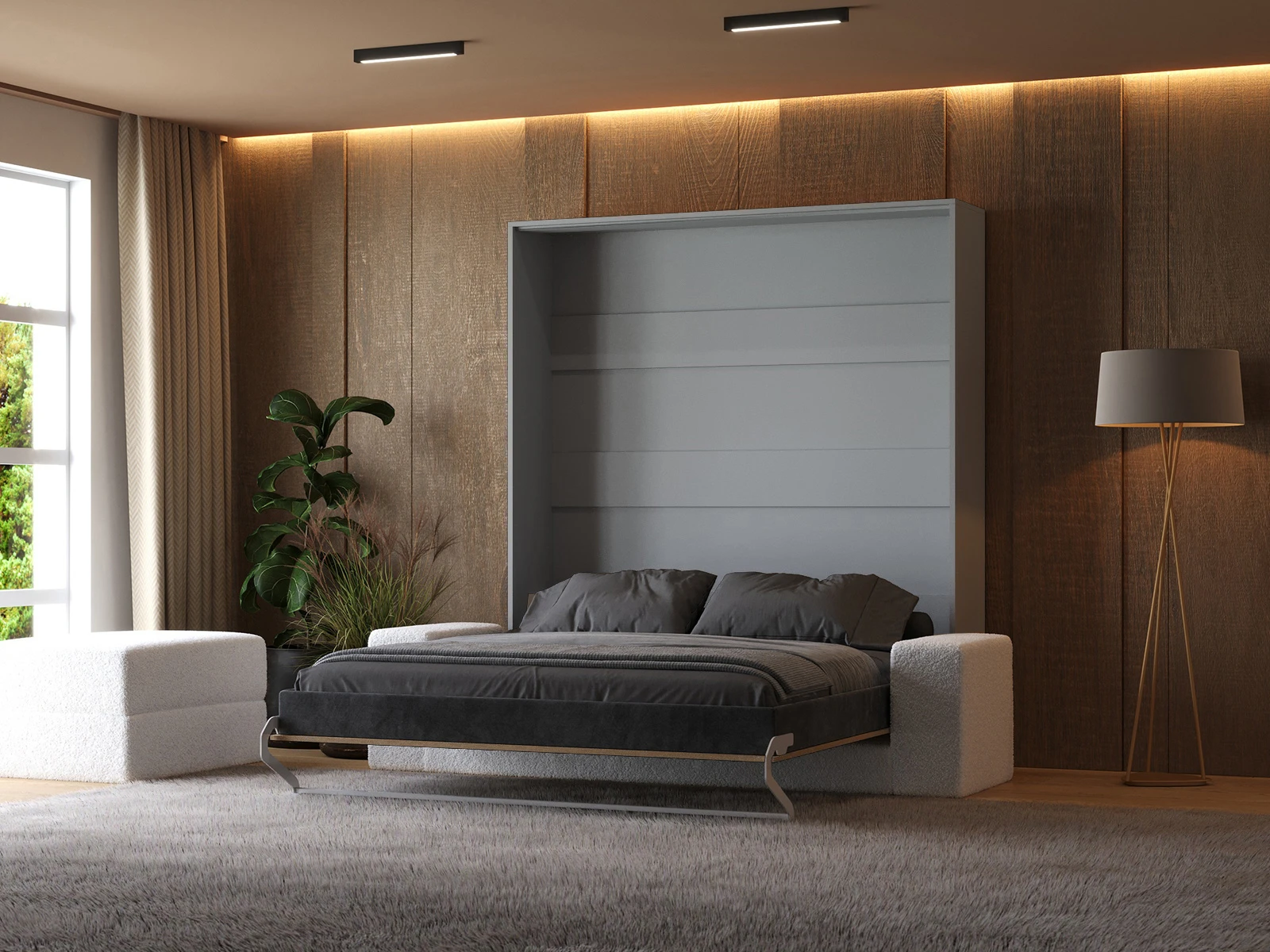 2 Murphy Bed (M1) 180x200 Vertical Pearl Grey / Kaiser Oak with Sofa White
