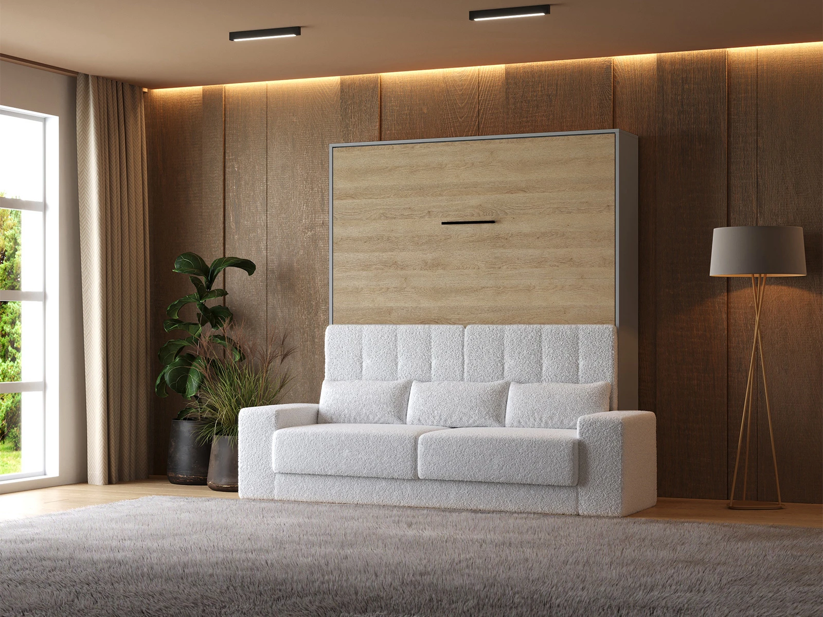 1 Murphy Bed (M1) 180x200 Vertical Pearl Grey / Kaiser Oak with Sofa White