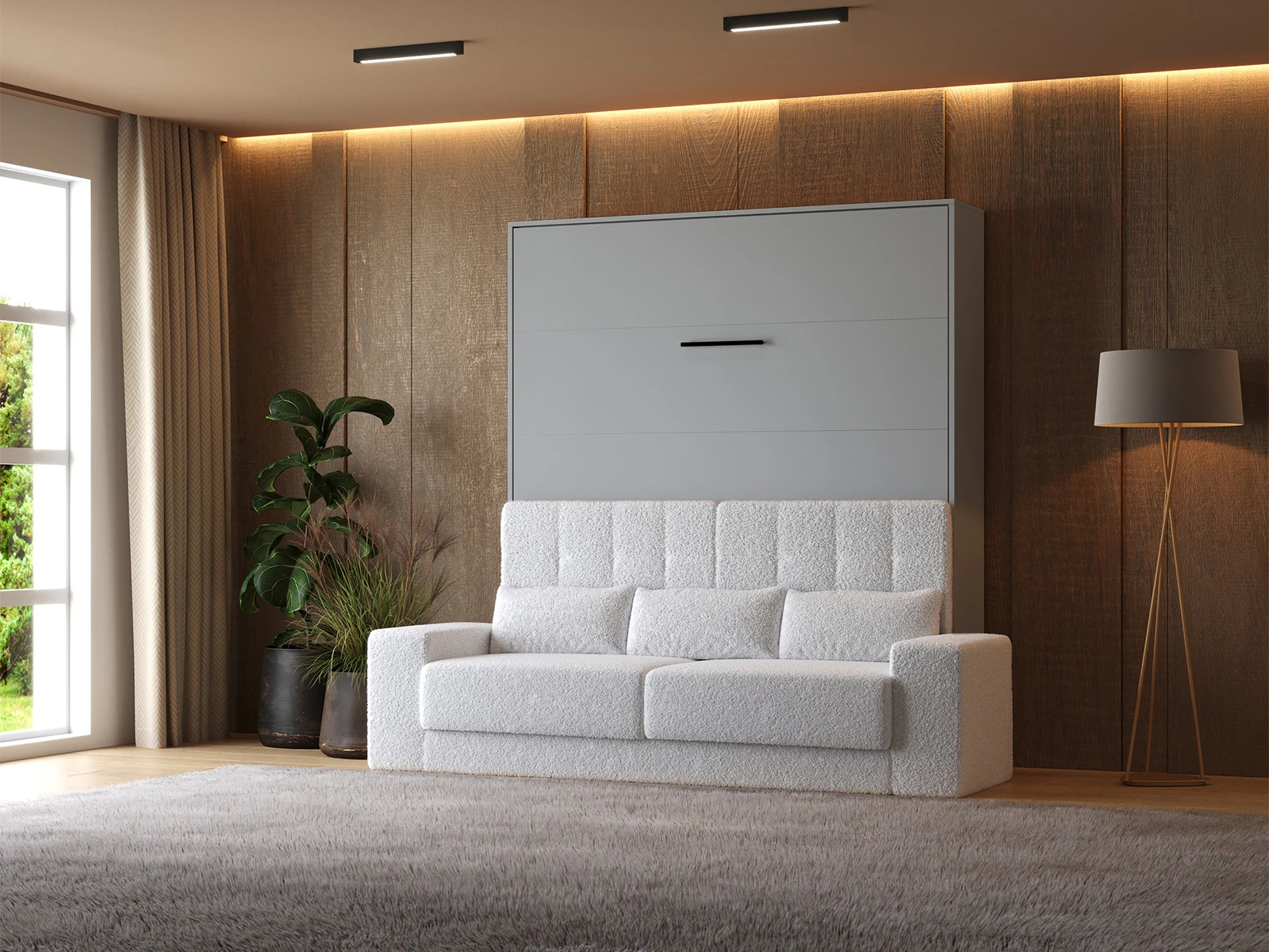 1 Murphy Bed (M1) 180x200 Vertical Pearl Grey / Pearl Grey with Sofa White