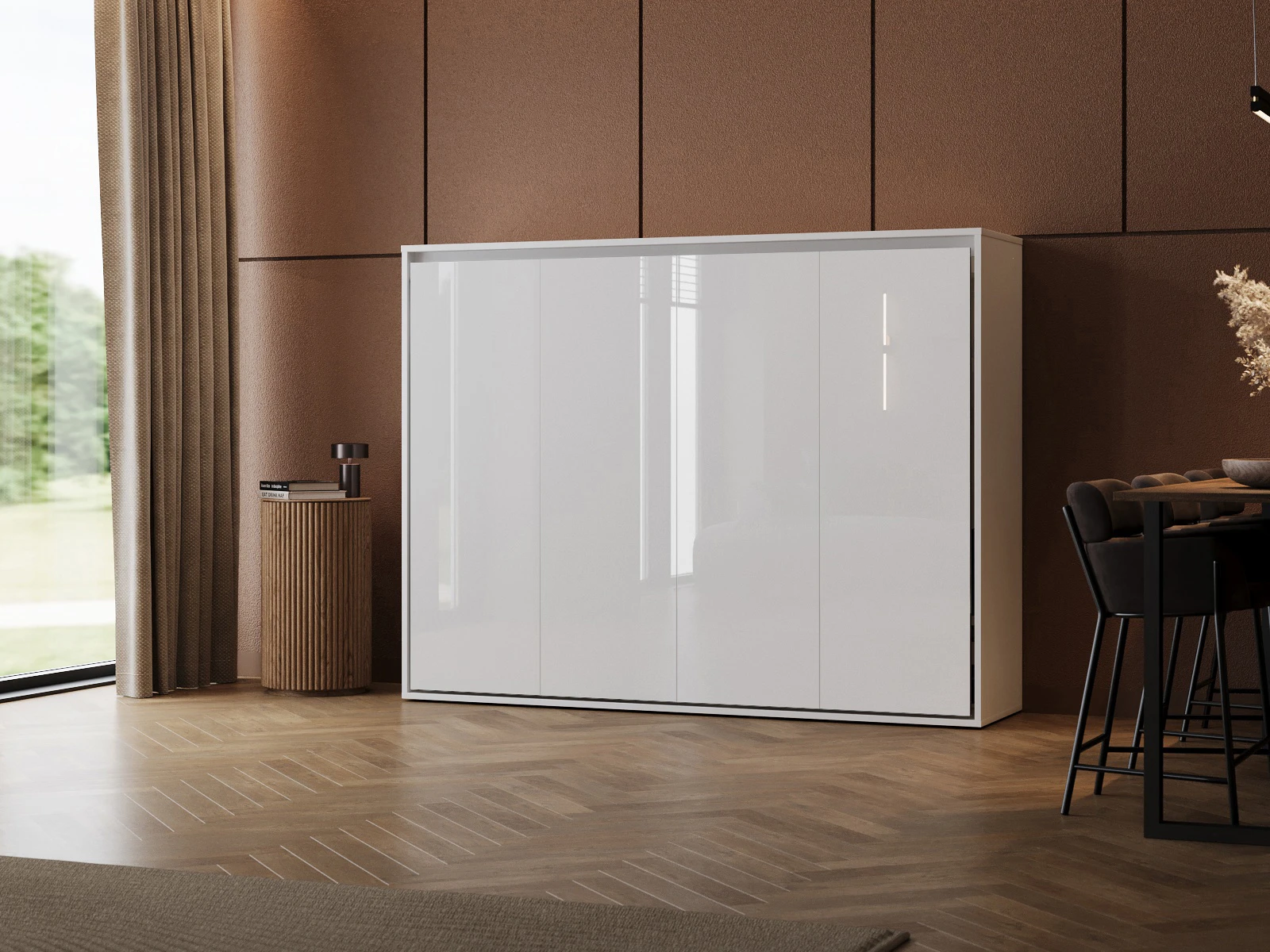 1 Murphy Bed 160x200 Horizontal (M2 55cm depth) White/white high gloss