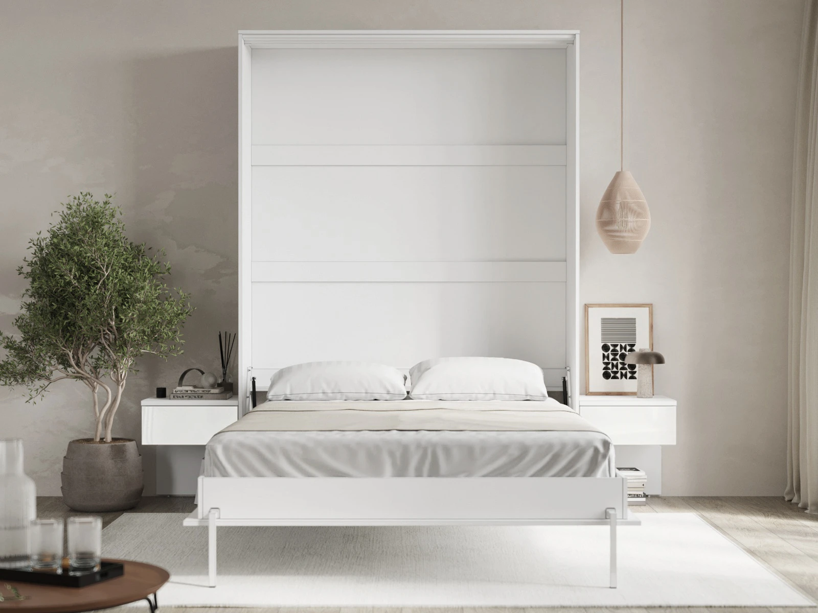 2 Murphy Bed Classic 140x200V with 2 Bedside tables White / White Gloss