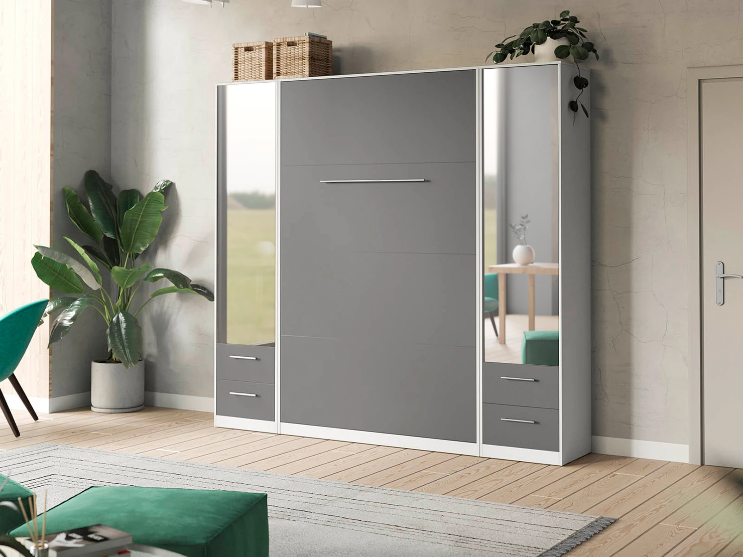 1 Murphy Bed SET 140x200cm Vertical + 2x Cabinets 50cm White/Anthracite with Mirror