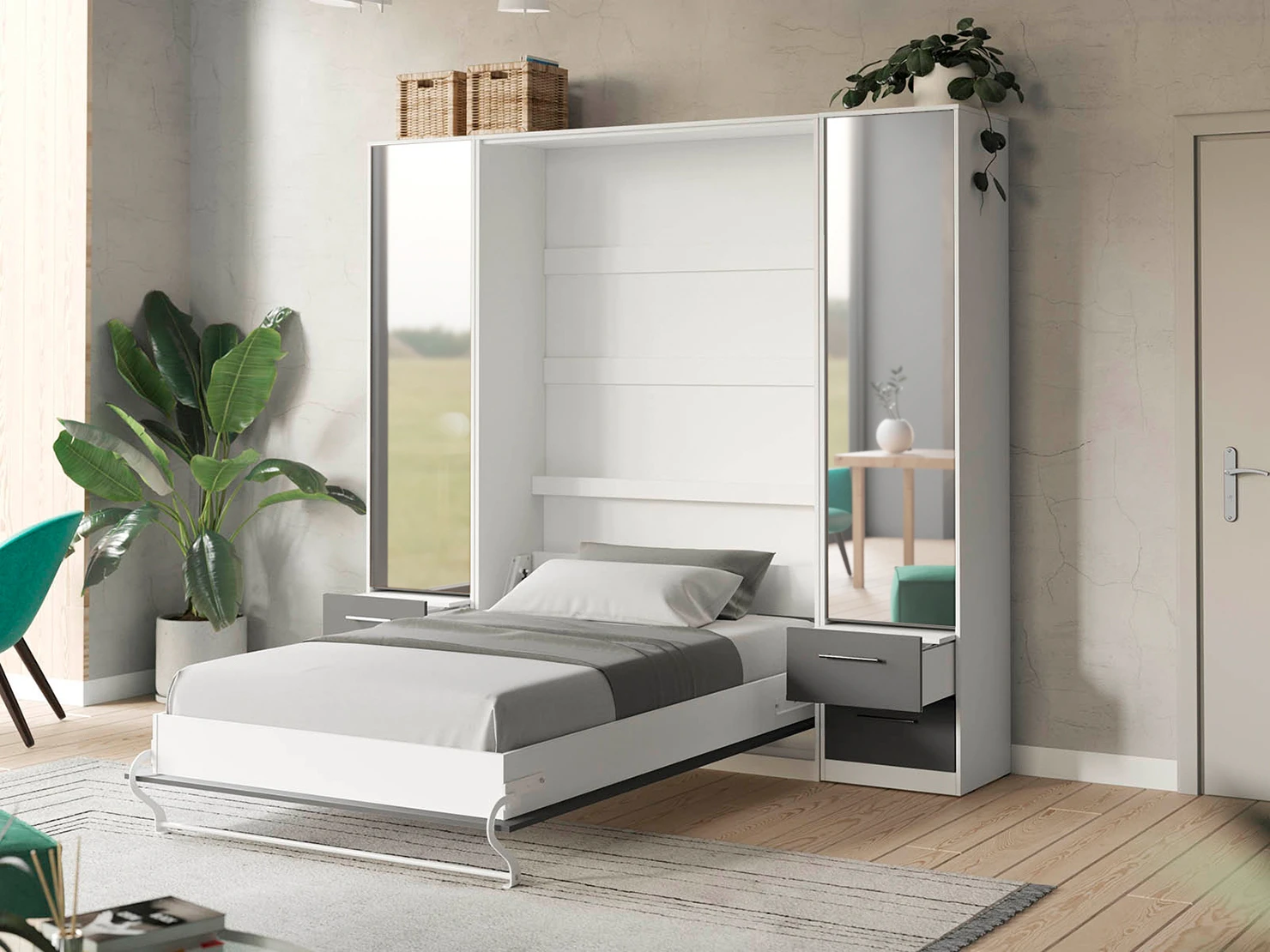 2 Murphy Bed SET 140x200cm Vertical + 2x Cabinets 50cm White/Anthracite with Mirror