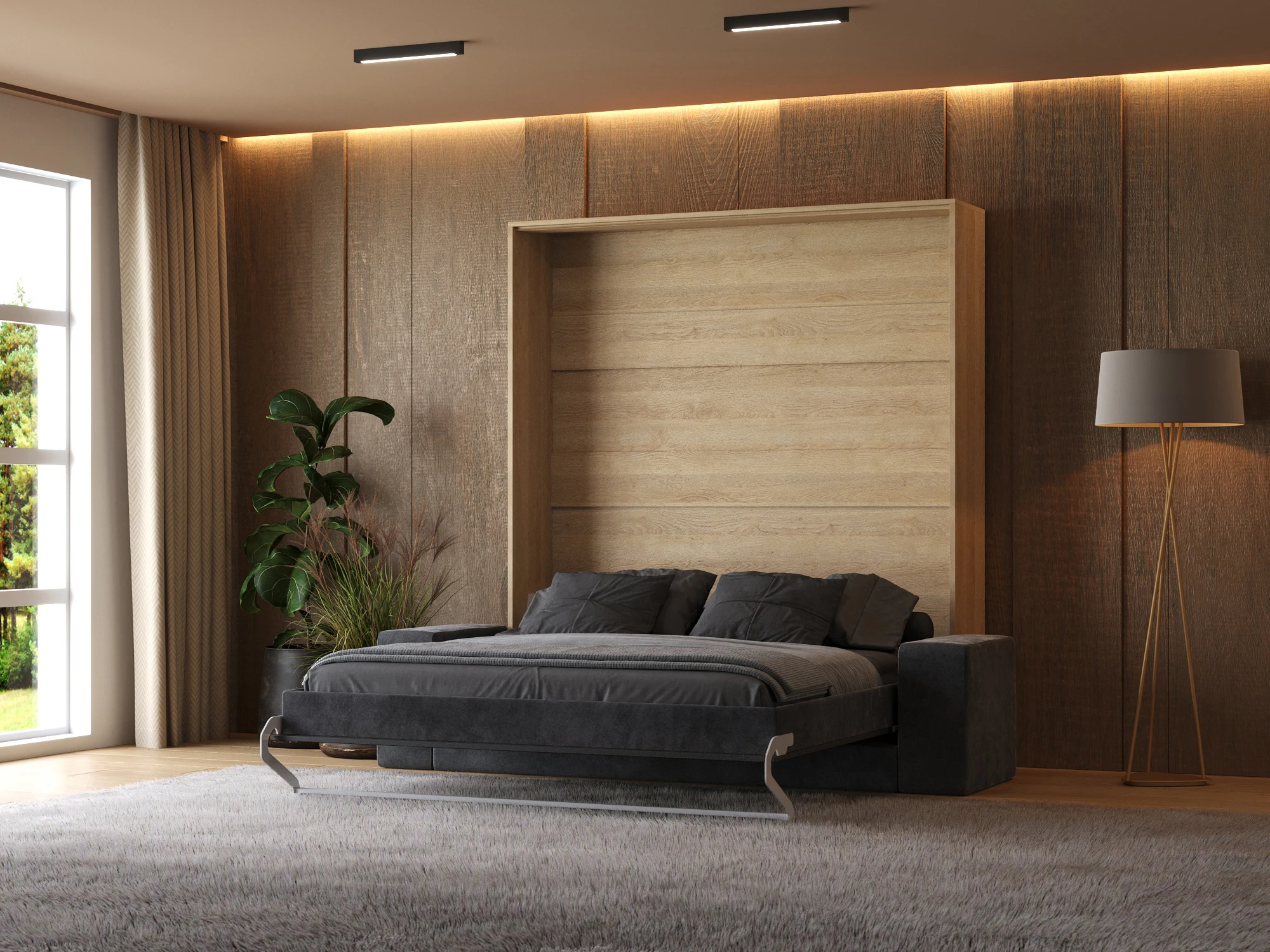 2 Murphy Bed (M1) 180x200 Vertical Kaiser Oak with Sofa Anthracite