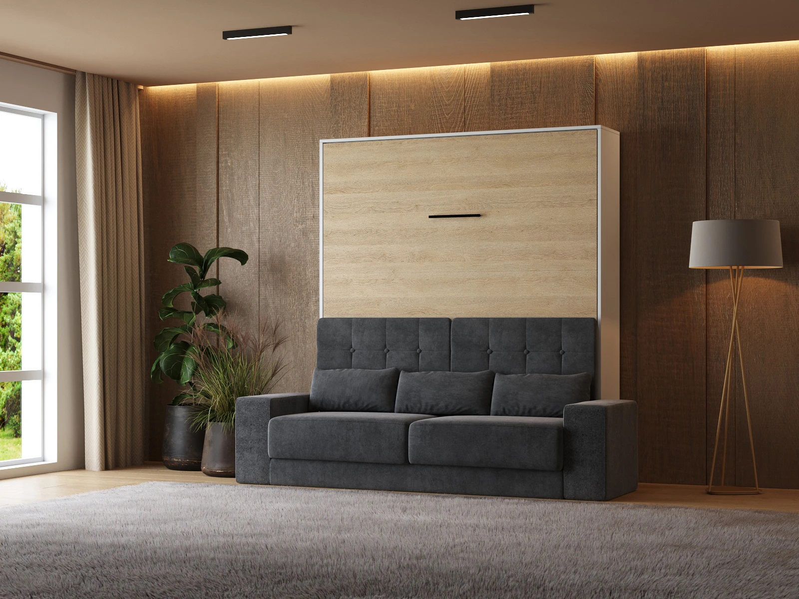 1 Murphy Bed with Sofa Anthracite (M1) 180x200 Vertical White / Kaiser Oak 