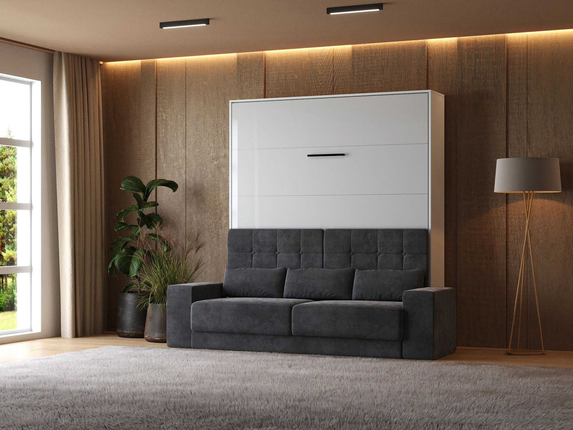 1 Murphy Bed (M1) 180x200 Vertical White / White Gloss with Sofa Anthracite
