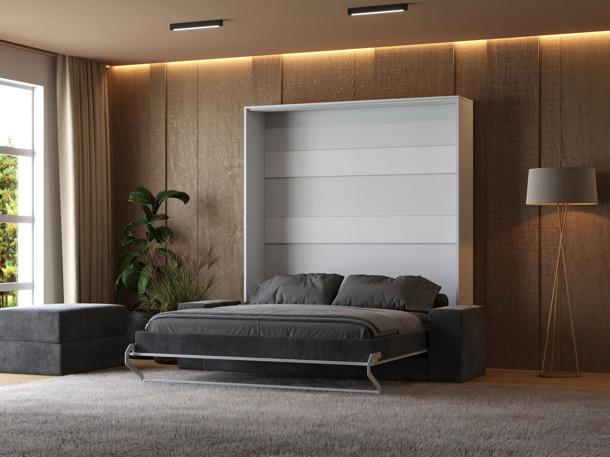 2 Murphy Bed (M1) 180x200 Vertical White / White Gloss with Sofa Anthracite