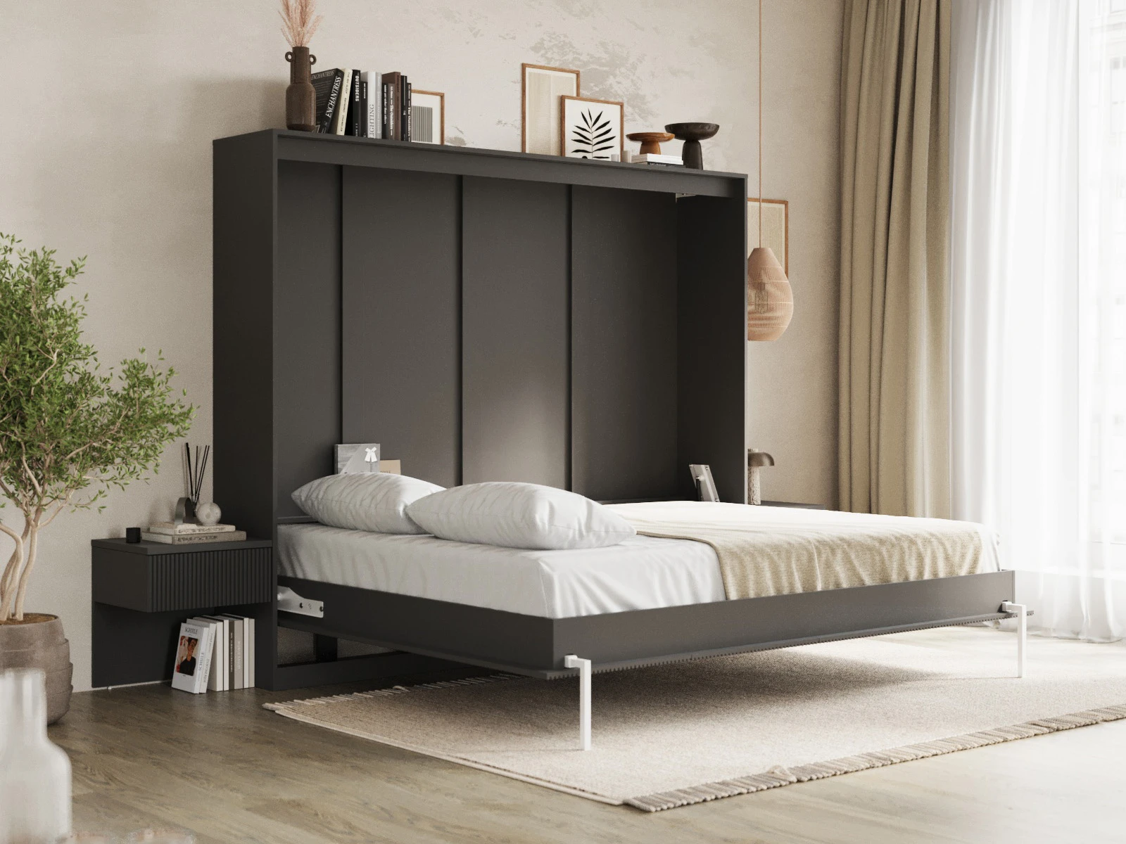 Murphy Bed Classic 140x200H WAVES with 2 Bedside tables Anthracite / Anthracite Waves picture 2