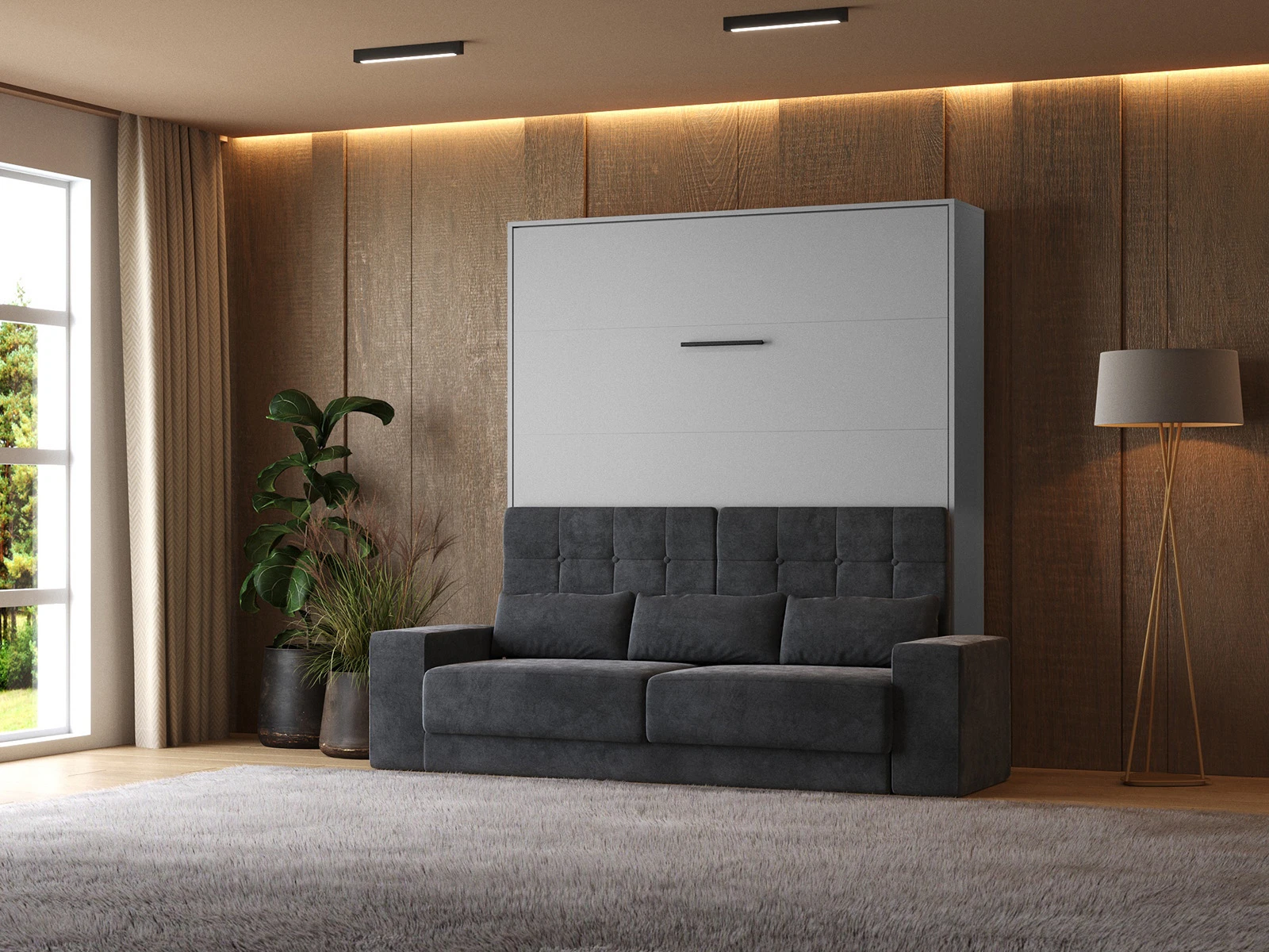 1 Murphy Bed (M1) 180x200 Vertical Pearl Grau with Sofa Anthracite